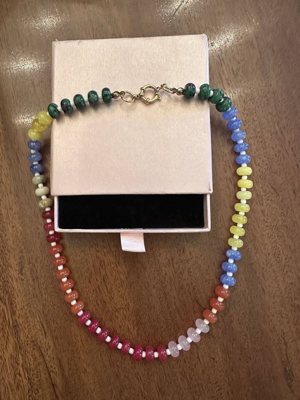Multicolor Rainbow Gemstone Rondelle Bead Choker Necklace Gold Spring Ring Clasp